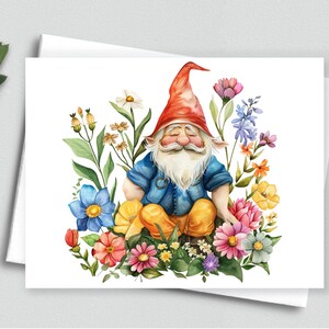 Gnomo de jardín sereno - Tarjeta de notas de gnomo floral - Tarjetas de notas en blanco A2 368