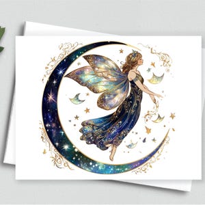 Carte de correspondance fée lune céleste - fée de la nuit étoilée en or et bleu, carte de voeux lunatique fantastique art - cartes de correspondance vierges A2 569