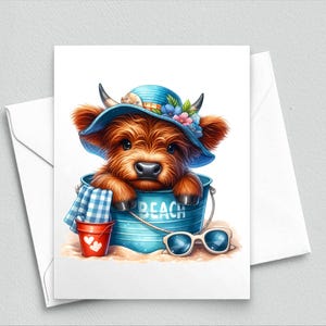 Carte de correspondance Vache Highland - Jolie vache d'été avec chapeau de soleil et seau avec lunettes de soleil - Papeterie amusante avec les animaux de la ferme pour les amoureux de la plage 559