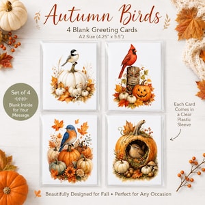 May include: A set of four A2 size 4.25 inch by 5.5 inch blank greeting cards titled Autumn Birds. Each card features a unique illustration of a bird with pumpkins and autumn leaves. The cards are packaged in clear plastic sleeves.