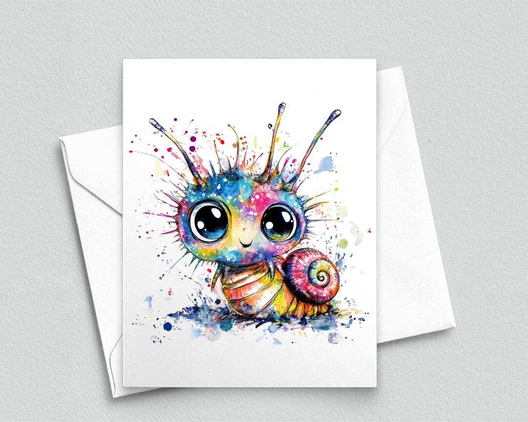 Snail Taking Notes Whimsical Watercolor Snail Note Card: Rainbow Splatter Art 586 - Etsy