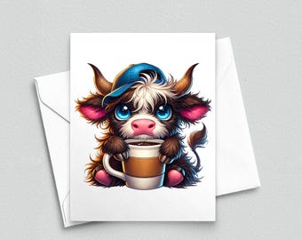 Customizable Highland Cow Note Card: Coffee Lover Calf in Blue Hat 297