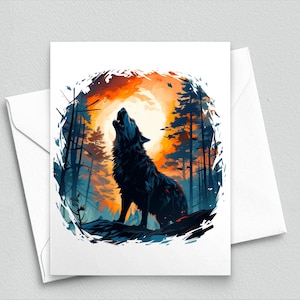 Howling Wolf Note Card – Bold Moonlit Forest Greeting Card, Wildlife Stationery for Nature Lovers, Blank Card with Sunset Sky Scene 557