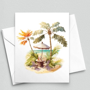 Seaside Serenity: parasoltafel op tropisch zand Notitiekaart - A2-notitiekaarten 100