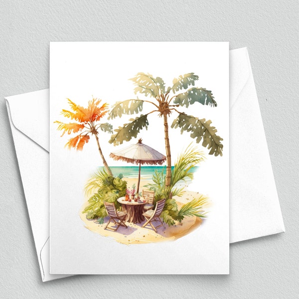 Seaside Serenity: Umbrella Table on Tropical Sands Note Card - A2 Note Cards 100