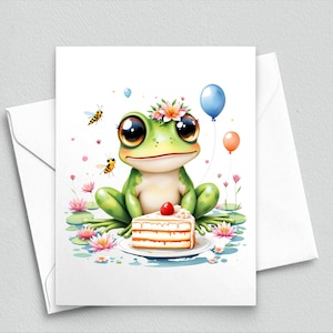 Carte d'anniversaire grenouille mignonne - adorable carte de correspondance amphibien avec gâteau, ballons et fleurs - voeux amusants et fantaisistes pour les amateurs de grenouilles 548