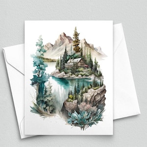 Notitiekaart Mountain Lodge-aquarel Lake Cabin in the Pines, schilderachtige natuurgroet, kaart voor avontuur, rust en retraite- A2-notitiekaart 294