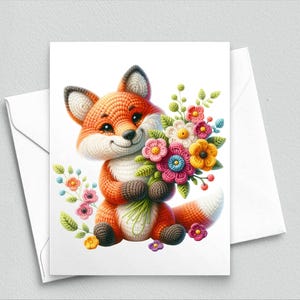 Crochet Fox and Flowers Note Card – Cute Yarn Animal Illustration with Colorful Bouquet, Handmade-Look Greeting for Any Occasion 544