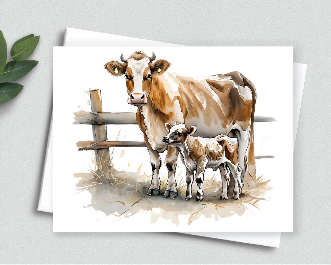 Cow Notes Cow & Calf Note Card, Rustic Farm Animal Greeting, Farmhouse Stationery ...