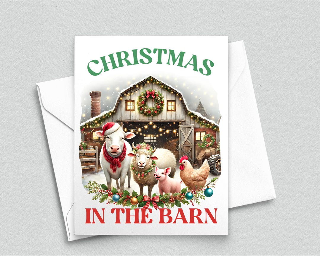 Customizable Christmas in the Barn Note Card - Festive Farm Animal ...
