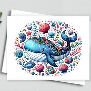 Carte de correspondance fantaisiste baleine - coquillages sous-marins et motif floral - cartes de correspondance vierges A2 469