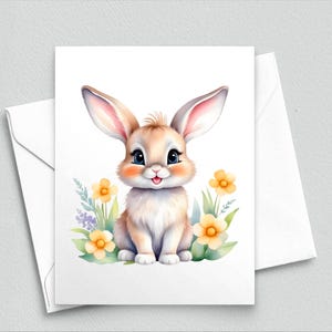 Carte de correspondance mignon lapin de printemps - adorable bébé lapin avec des fleurs, carte de Pâques, papeterie animaux de la forêt, voeux de printemps lunatique 545