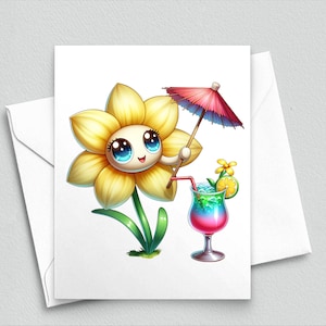Jolie carte de correspondance fleur d'été avec boisson tropicale - Papeterie jonquille kawaii - Carte Happy Sunshine pour des ambiances estivales et amusantes Mail 530