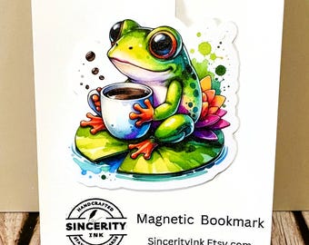 Coffee-Loving Frog Magnetic Bookmark – Cute and Functional Book Lover Gift - Handmade, Double-Sided Durable Page Marker