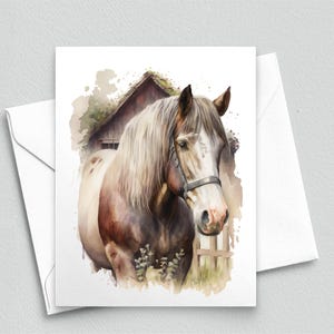 Carte de correspondance aquarelle cheval - scène de ferme de chevaux de trait doux, carte de voeux animaux de la campagne, papeterie équestre - cartes de correspondance vierges A2 577