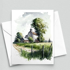 Cartão de visita com paisagem de fazenda pacífica – Celeiro e campos em aquarela, cartão de felicitações rústico, arte de fazenda - Cartões de visita em branco A2 578