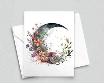 Spring's Lunar Blossom: Crescent Moon Amidst Floral Canopy Note Card - A2 Note Cards 111