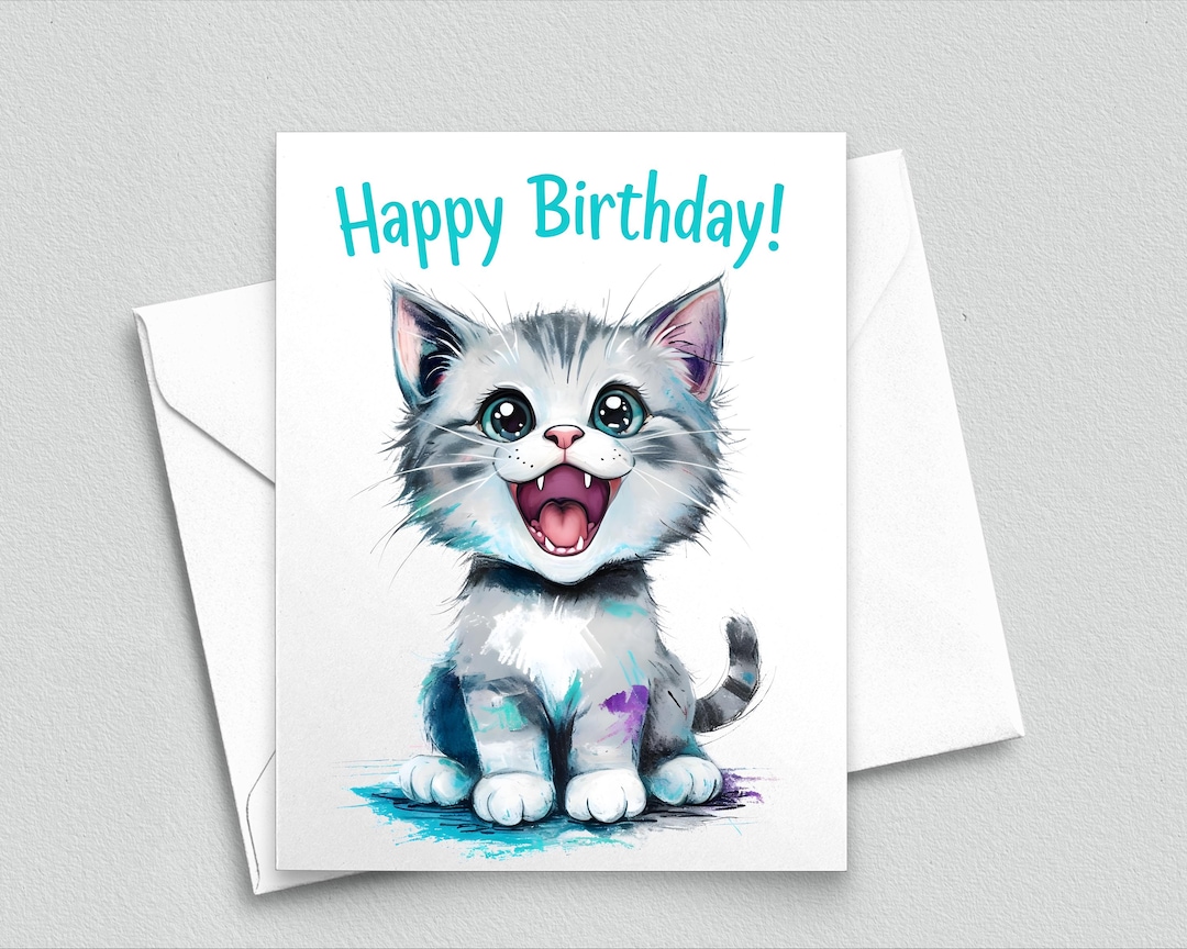 Happy Birthday Cute Kitten Card - Adorable Cat With Bright Colors and ...