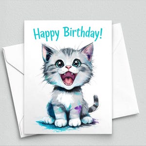 Carte de joyeux anniversaire chaton mignon - Adorable chat avec des couleurs vives et un visage souriant - Cartes de correspondance vierges A2 501