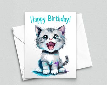 Happy Birthday Cute Kitten Card - Adorable Cat with Bright Colors and Smiling Face - Personalized A2 Note Cards 501