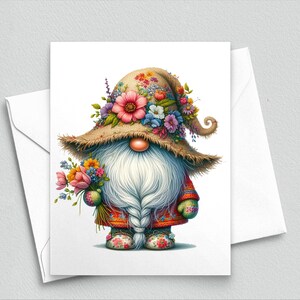 Carte de correspondance fantaisiste de nain de printemps - papeterie de nain de chapeau floral, carte de voeux de jardin mignonne, carte de style d'art folklorique - cartes de correspondance A2 565