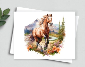 Wild Harmony: Horse Galloping Through Floral Bliss Note Card - A2 Note Cards 112