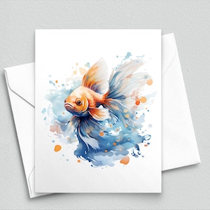 Goldfish Watercolor Note Card – Artistic Fish Greeting Card with Splatter Paint – Ocean-Inspired Stationery for Fish and Art Lovers 560