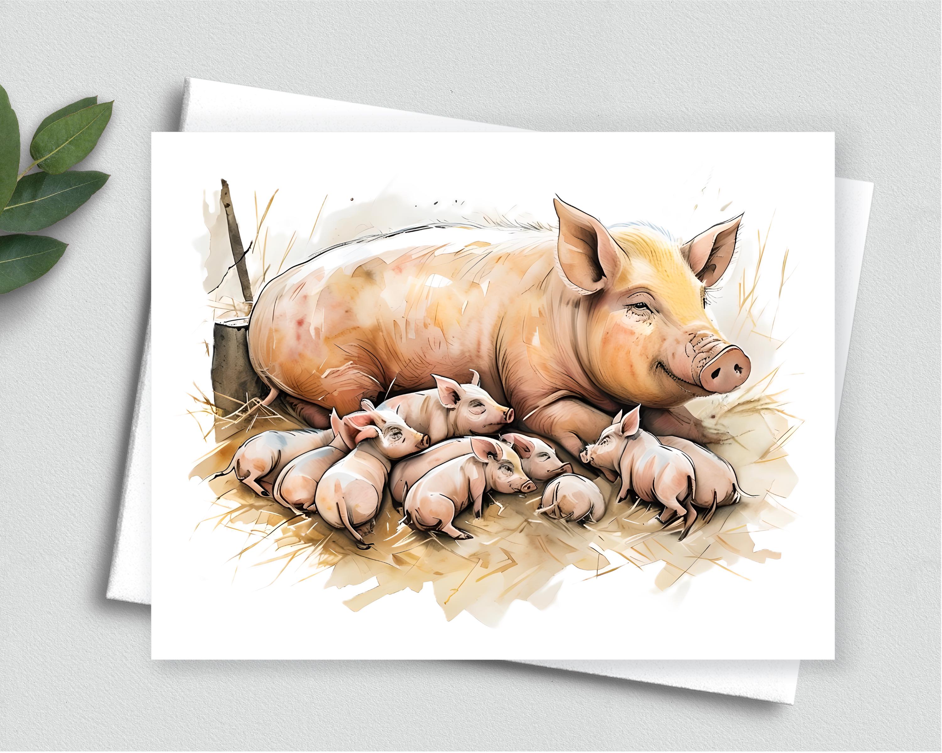 Mama Pig & Piglets Note Card – Watercolor Farm Animal Greeting Card ...