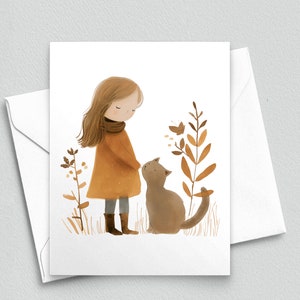 Compañeros de otoño - Tarjeta de notas de una niña y su gato - Tarjetas de notas en blanco A2 341