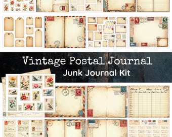 Vintage Postal Junk Journal Kit, Antique Mail Printable Ephemera, Postcard Papers, Stamp Tags, Scrapbook Kit, Digital Download