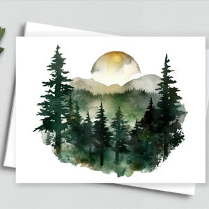 Carte de correspondance Moody Forest and Mountain Sunrise - Carte d'art aquarelle nature sauvage pour les amoureux de la nature et les âmes de grand air - Cartes de correspondance vierges A2 575