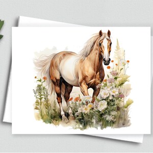 Carte de correspondance cheval Palomino - aquarelle cheval avec fleurs sauvages, carte de voeux équestre, papeterie artistique de ferme de campagne - cartes de correspondance vierges A2 580