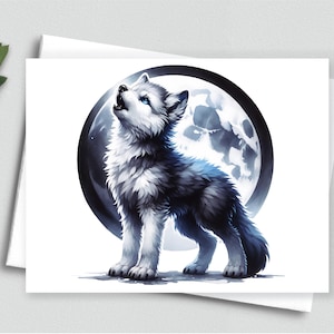 May include: A greeting card featuring a watercolor illustration of a wolf pup howling at the moon. The wolf has blue eyes and black, white, and blue fur. The moon is a large, dark circle with a detailed, textured surface.