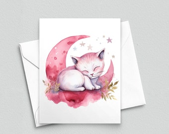 Dreamer's Haven: Kitten in Crescent Moon Note Card - A2 Note Cards 105