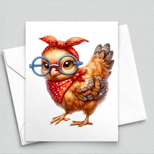 Carte de correspondance drôle de poulet - jolie poule dans des verres et écharpe à pois, papeterie animaux de la ferme, poussin original voeux pour toute occasion 546