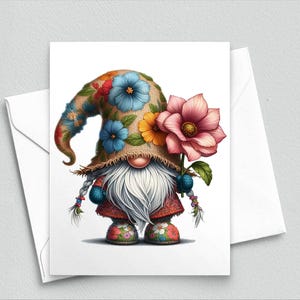 Carte de correspondance florale printanière de nain - nain fantaisiste avec tresses et grandes fleurs, jolie carte de voeux de jardin, intérieur vierge - cartes de correspondance A2 568