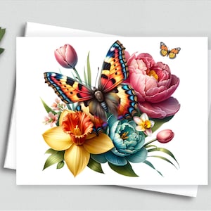Carte de correspondance papillons colorés et fleurs printanières – Papeterie florale lumineuse avec jonquilles, pivoines, tulipes et monarques 540