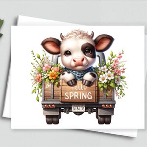 Karte Frühling Kuh - Niedliches Kalb im LKW mit Blumen, Frühlingsgruß Karte vom Bauernhof, Karte zum Dekorieren vom Bauernhof, Osterkarte 542