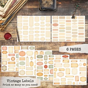 May include: A collection of vintage label designs in various shapes and sizes, printed on aged paper. The labels are in shades of cream, beige, and muted colors, with some featuring floral accents. The text "Vintage Labels Print as many as you need!" is visible.