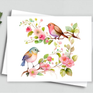 Tarjeta de notas con pájaros y flores de primavera – Tarjeta de felicitación con pájaros de jardín en acuarela – Papelería floral – Tarjeta de agradecimiento o saludo inspirada en la naturaleza 531