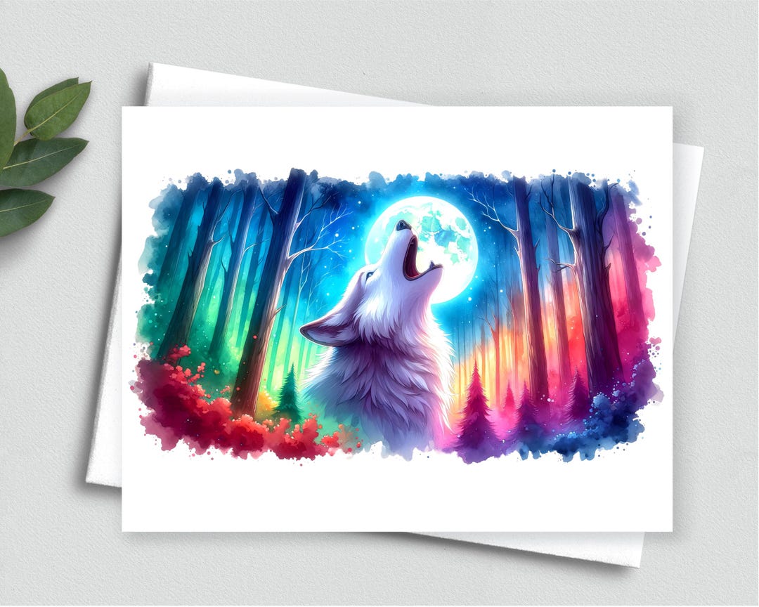 Wolf Sticky Note Mystical Wolf Note Card – Howling Wolf Under Full Moon in Rainbow ...