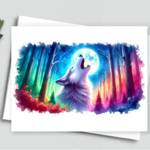Tarjeta de Lobo Místico: Lobo aullando bajo la luna llena en un bosque arcoíris, tarjeta de felicitación de acuarela de fantasía, naturaleza - Tarjeta en blanco A2 311