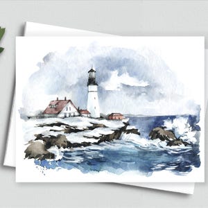 Coastal Lighthouse Note Card – Watercolor Ocean Cliff Scene – Nautical Blank Greeting Card for Beach & Nature Lovers - A2 Note Card 596