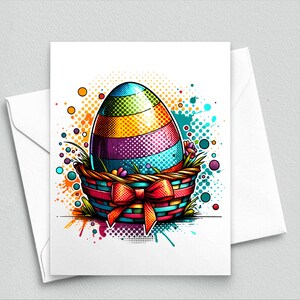 Tarjeta de notas con diseño de huevo de Pascua en estilo pop art, llamativa y brillante. Tarjeta de Pascua brillante y colorida. Tarjetas de notas en blanco tamaño A2 516