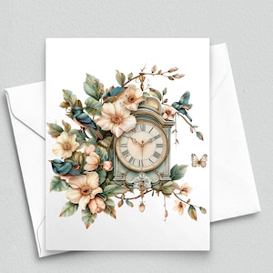 May include: A vintage clock with Roman numerals and a white face surrounded by delicate white flowers and blue birds. The clock is painted in shades of green and blue and has a decorative floral design.
