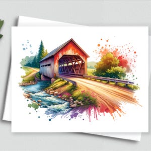 Cartão de nota de ponte coberta encantadora - Cena campestre em aquarela com riacho para amantes de fazendas rústicas - Cartões de nota em branco A2 467