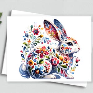 Folk Art Hase - Lebendige Frühlings- und Osterkarte - Helle Blumen Osterkarten - A2 Blanko Grußkarten 523