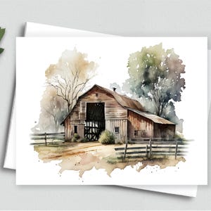 Carte de correspondance aquarelle grange rustique - carte de voeux de ferme vintage pour les amoureux de la campagne, papeterie d'art de la campagne - cartes de correspondance vierges A2 576