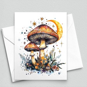 Carte de correspondance lunatique champignon lune - art fantastique champignon vénéneux céleste, carte de voeux forêt étoilée, carte nature mystique - cartes de correspondance A2 570
