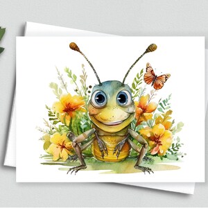 Cartes de correspondance Sunny Hopper : Joyeuse sauterelle au milieu de fleurs jaunes - Cartes de correspondance A2 170